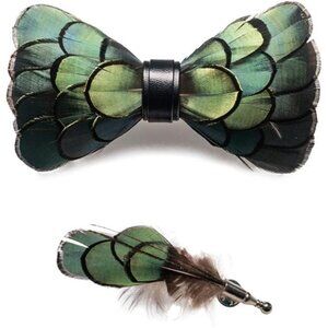 Handmade Feather Pre-tied Bow tie and Brooch Sets for Men
